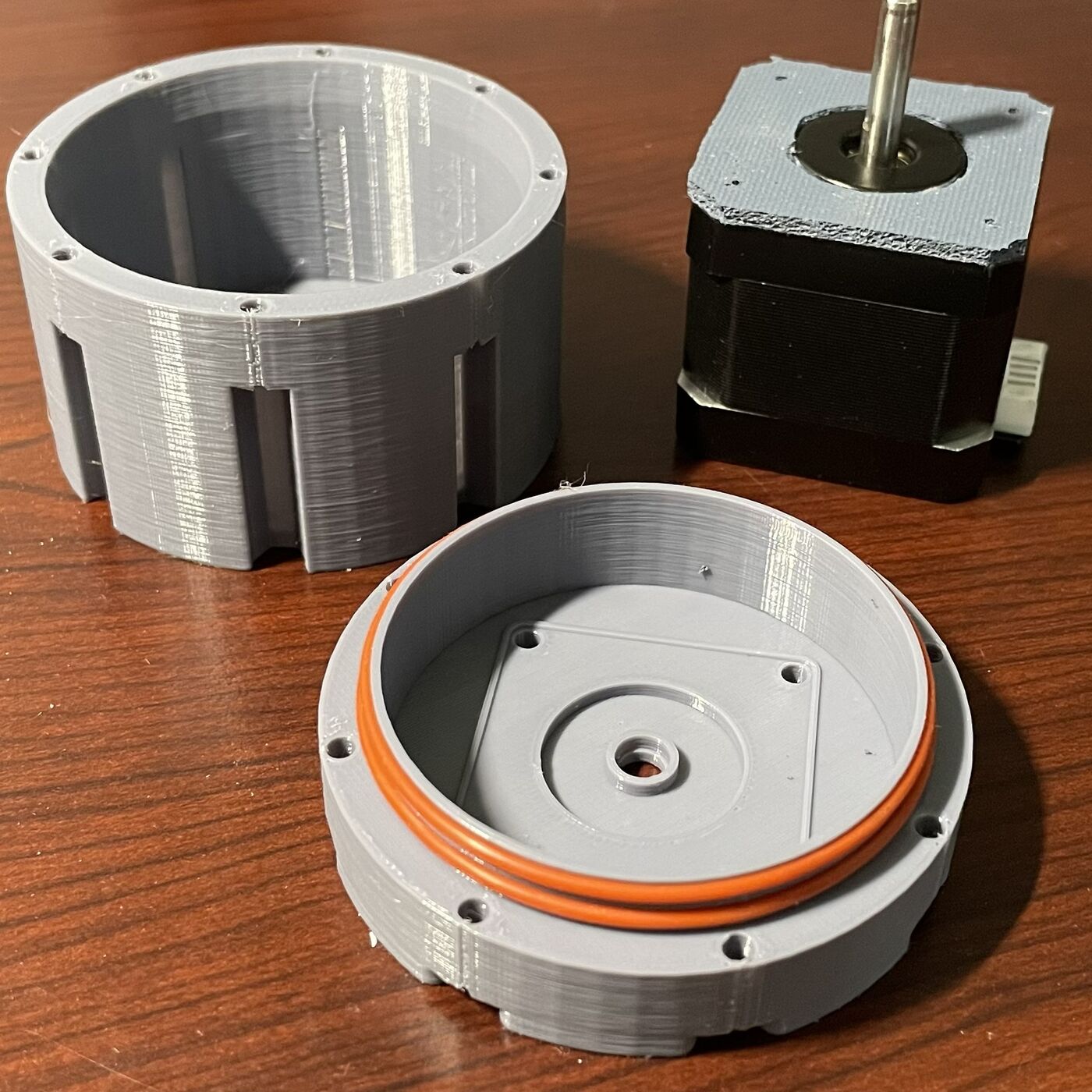 Waterproofed stepper motor housing prototype with O-ring seal